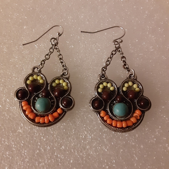 Orange, Turquoise and Yellow Artsy Earrings - Picture 1 of 4